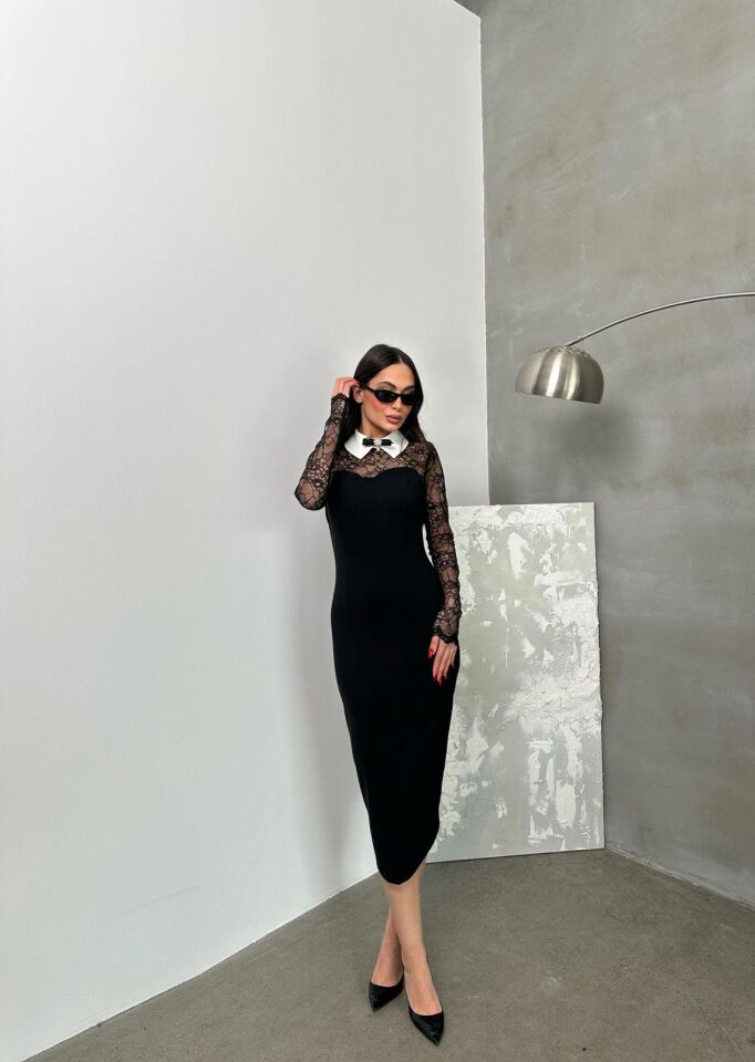 Seyyar Yaka Dantel-Krep Elbise