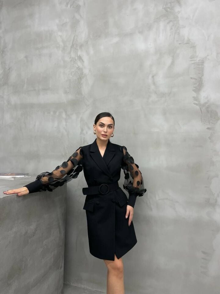 TÜL KOL ÜSTÜNE PUAN  DETAYLI CEKET ELBİSE