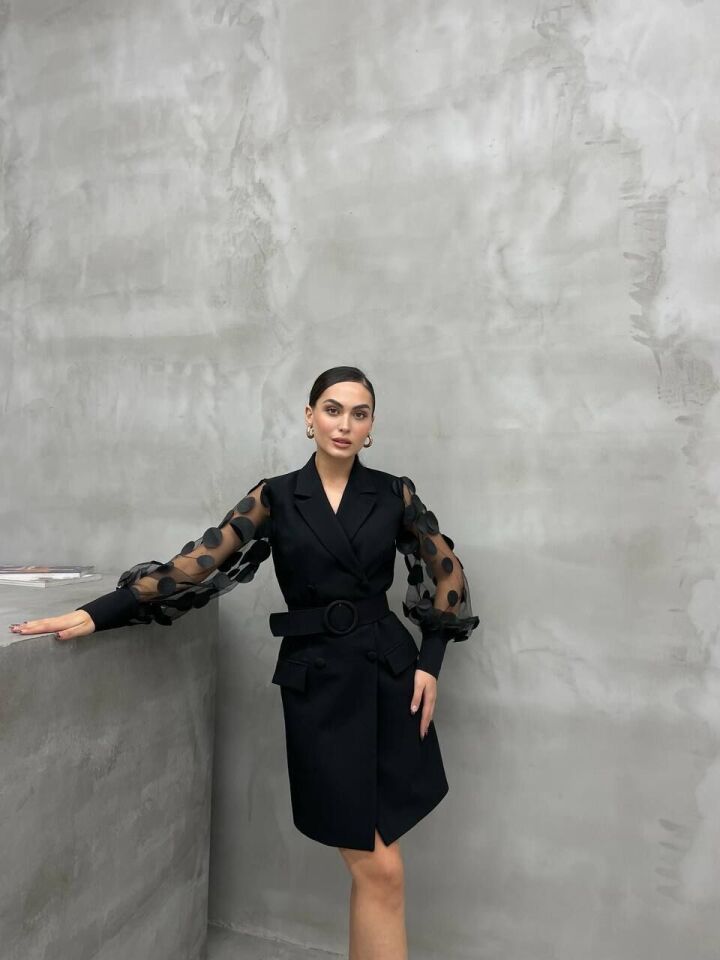 TÜL KOL ÜSTÜNE PUAN  DETAYLI CEKET ELBİSE