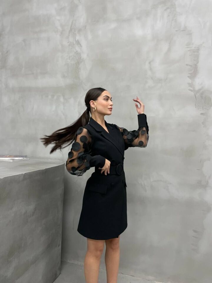 TÜL KOL ÜSTÜNE PUAN  DETAYLI CEKET ELBİSE