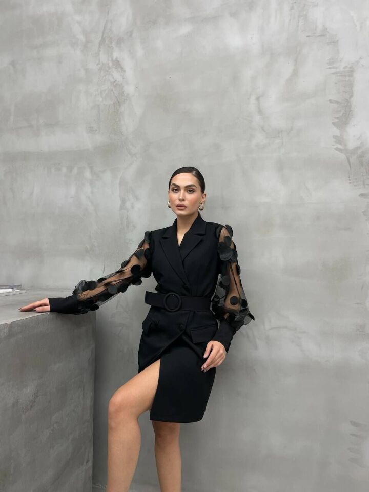 TÜL KOL ÜSTÜNE PUAN  DETAYLI CEKET ELBİSE