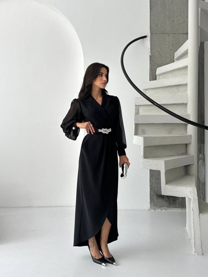 Şifon Kollu Krep Elbise