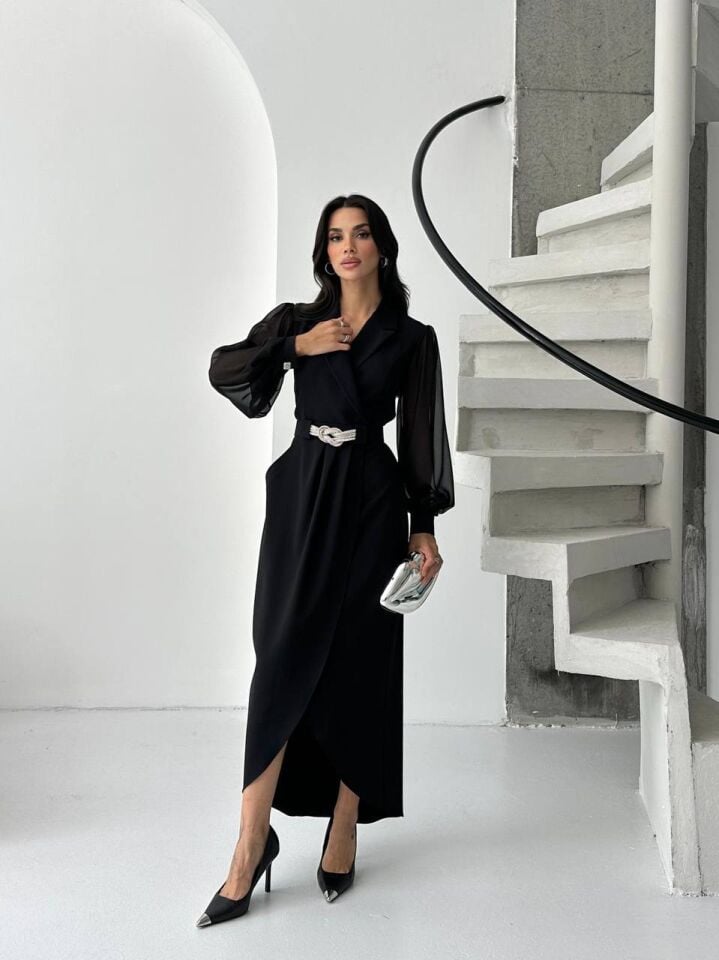 Şifon Kollu Krep Elbise