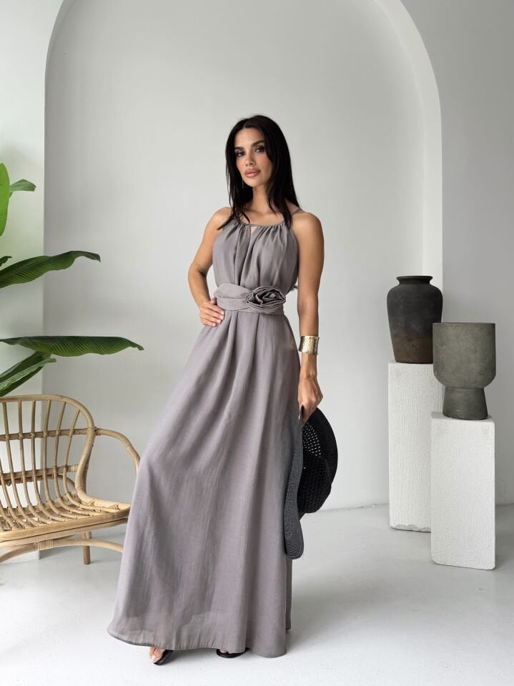 Gül Detaylı Elbise Gri