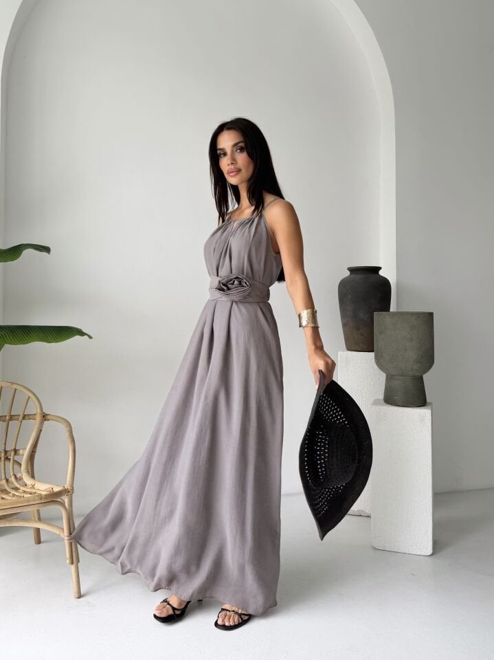 Gül Detaylı Elbise Gri