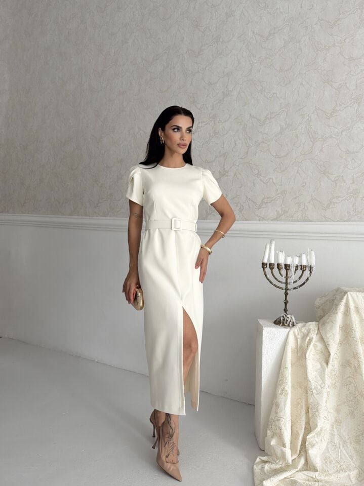 Yırtmaç Detaylı Elbise Tereyağ - XL