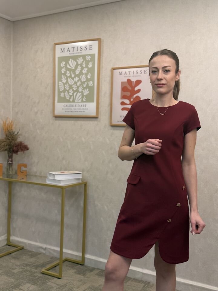 Düğme Detaylı Elbise Bordo - L
