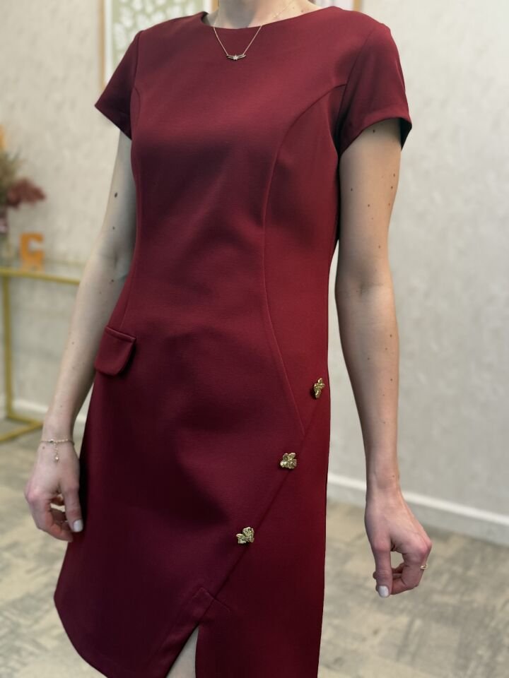 Düğme Detaylı Elbise Bordo - XL