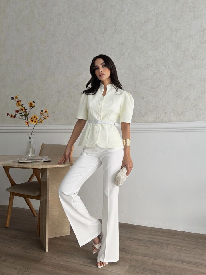 Dantel Kaplamalı Pantalonlu Takım Sarı - S