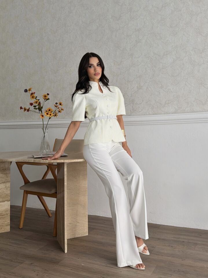 Dantel Kaplamalı Pantalonlu Takım Sarı - S