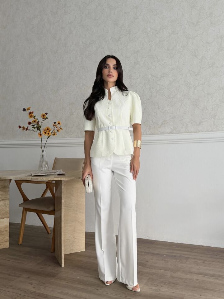 Dantel Kaplamalı Pantalonlu Takım Sarı - M