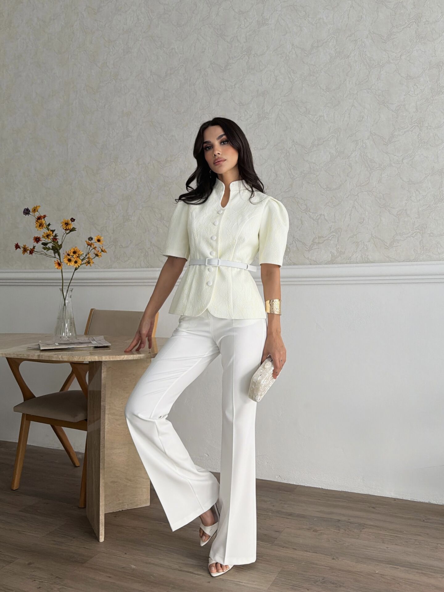 Dantel Kaplamalı Pantalonlu Takım Sarı - L