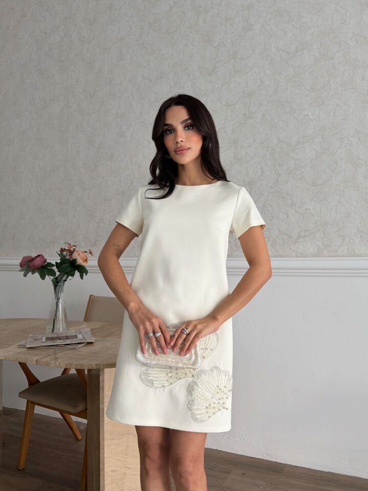 Nakış İşlemeli Elbise Tereyağ - XL