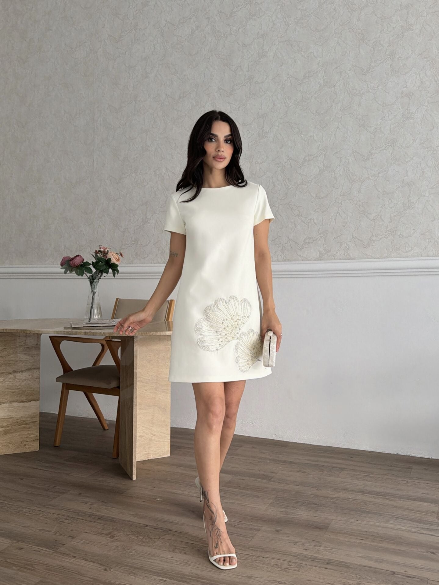 Nakış İşlemeli Elbise Tereyağ - XL