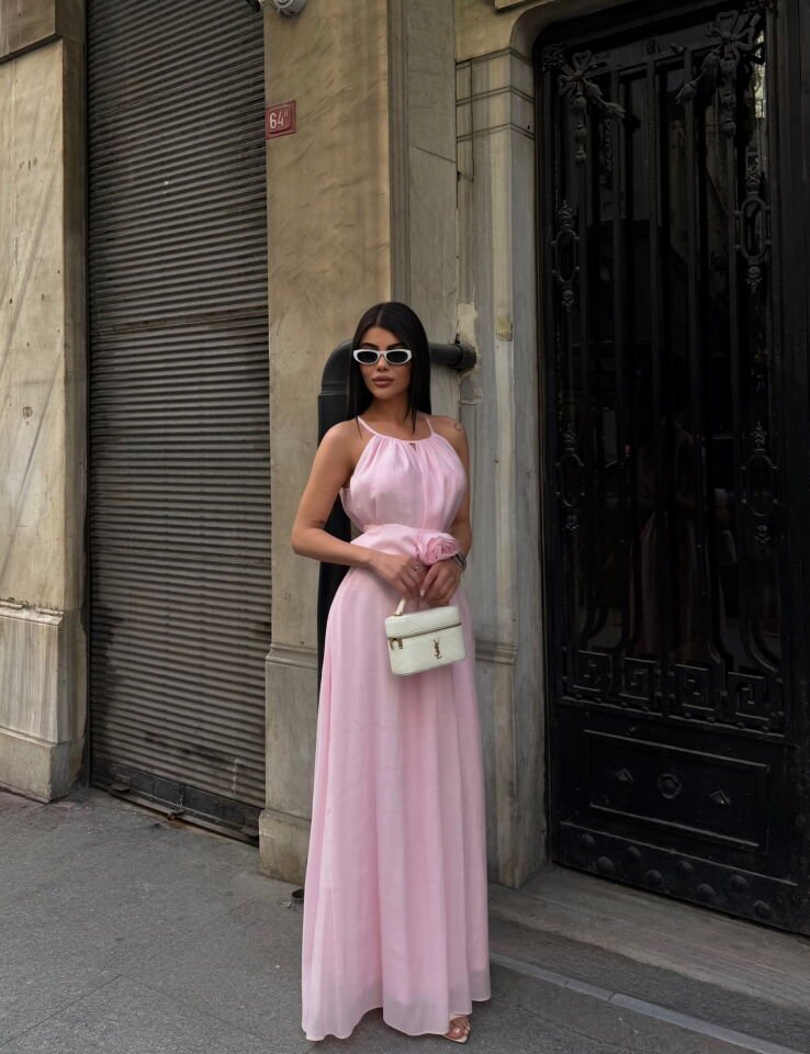 Gül Detaylı Elbise Pembe