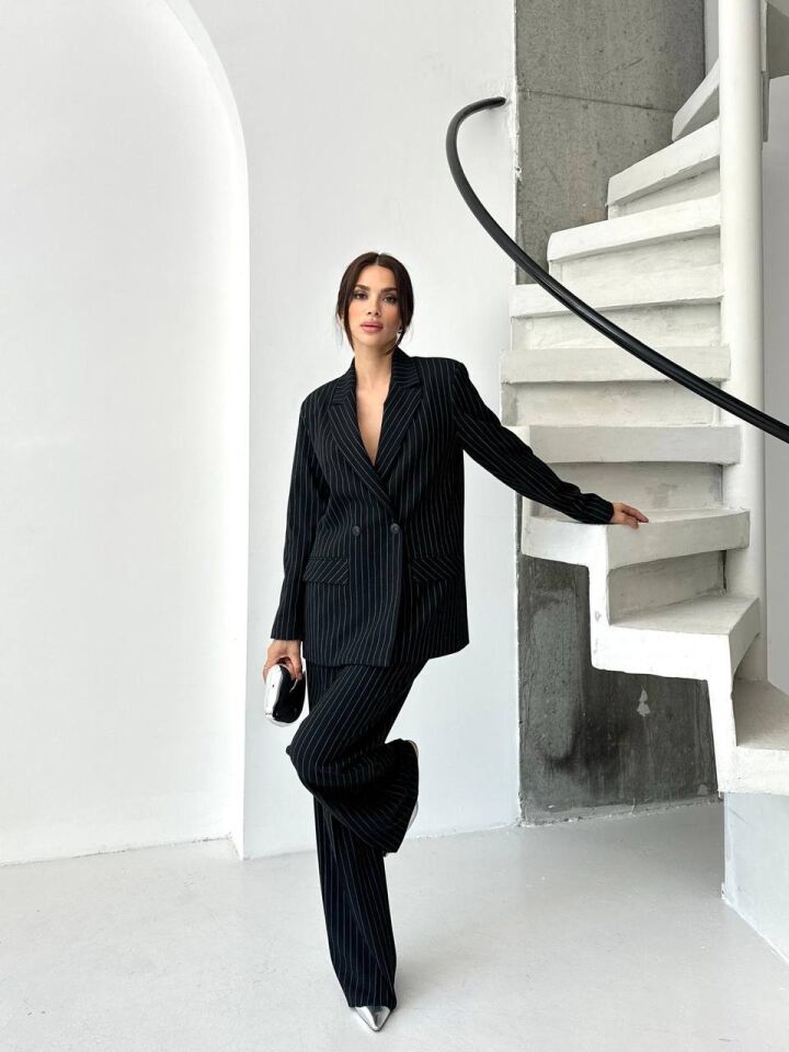 Çizgili Oversize Takım Siyah