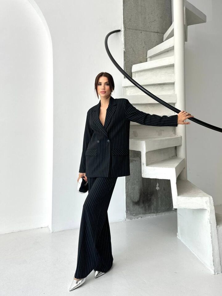 Çizgili Oversize Takım Siyah