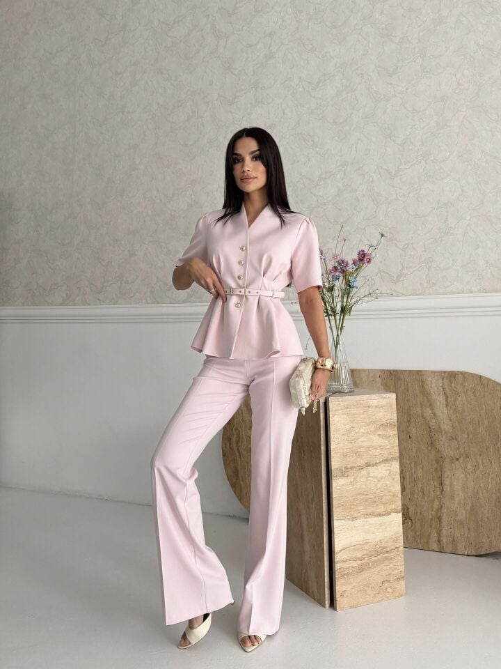Düğme Detaylı Takım Pembe