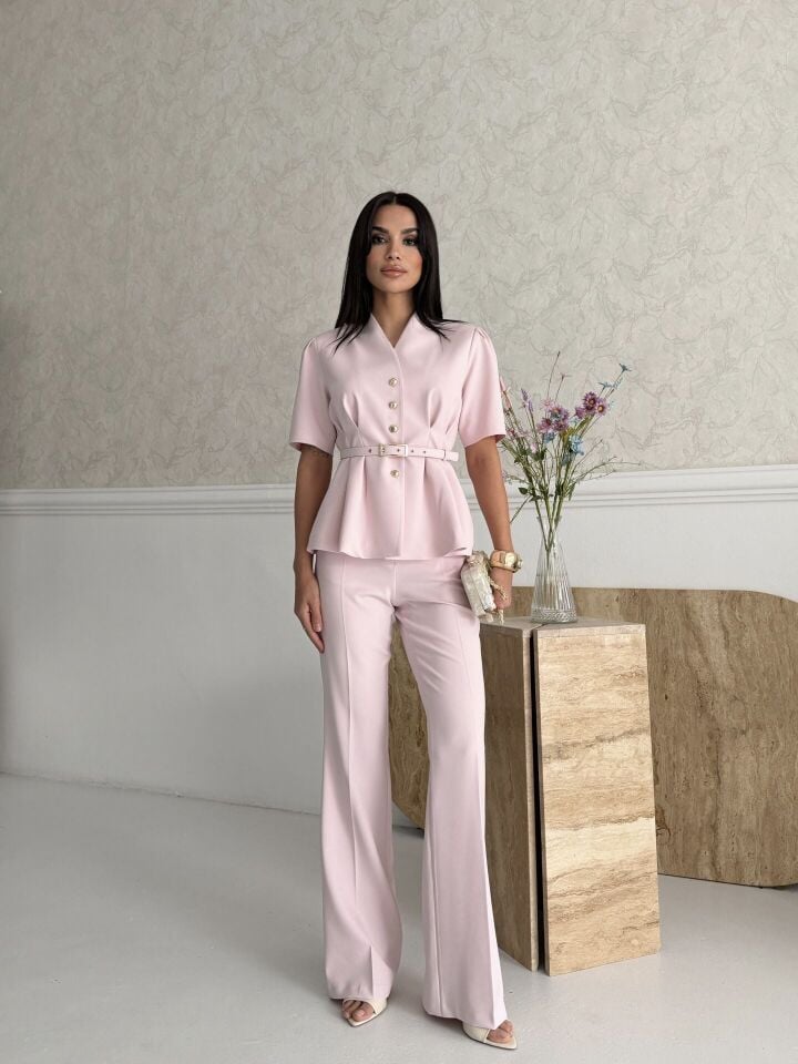Düğme Detaylı Takım Pembe