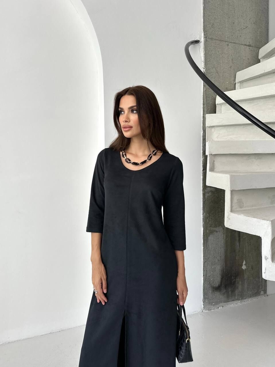 Kolye Aksesuarlı Süet Elbise Siyah - XXXL